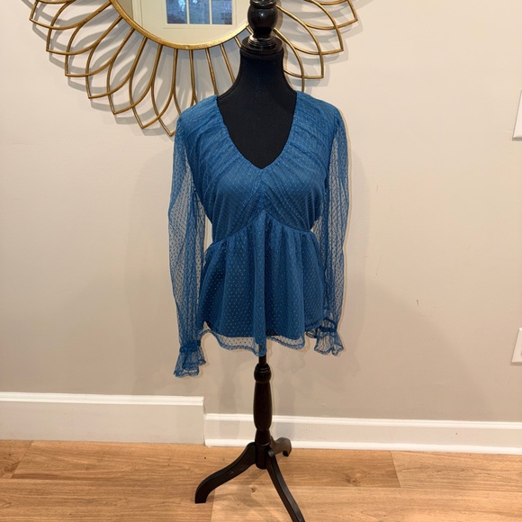 Calligraphie Tops - V-Neck Sheer Peplum Blouse in Teal